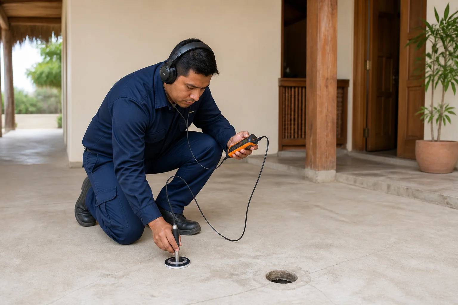 Técnico realizando detección acústica de una fuga bajo losa