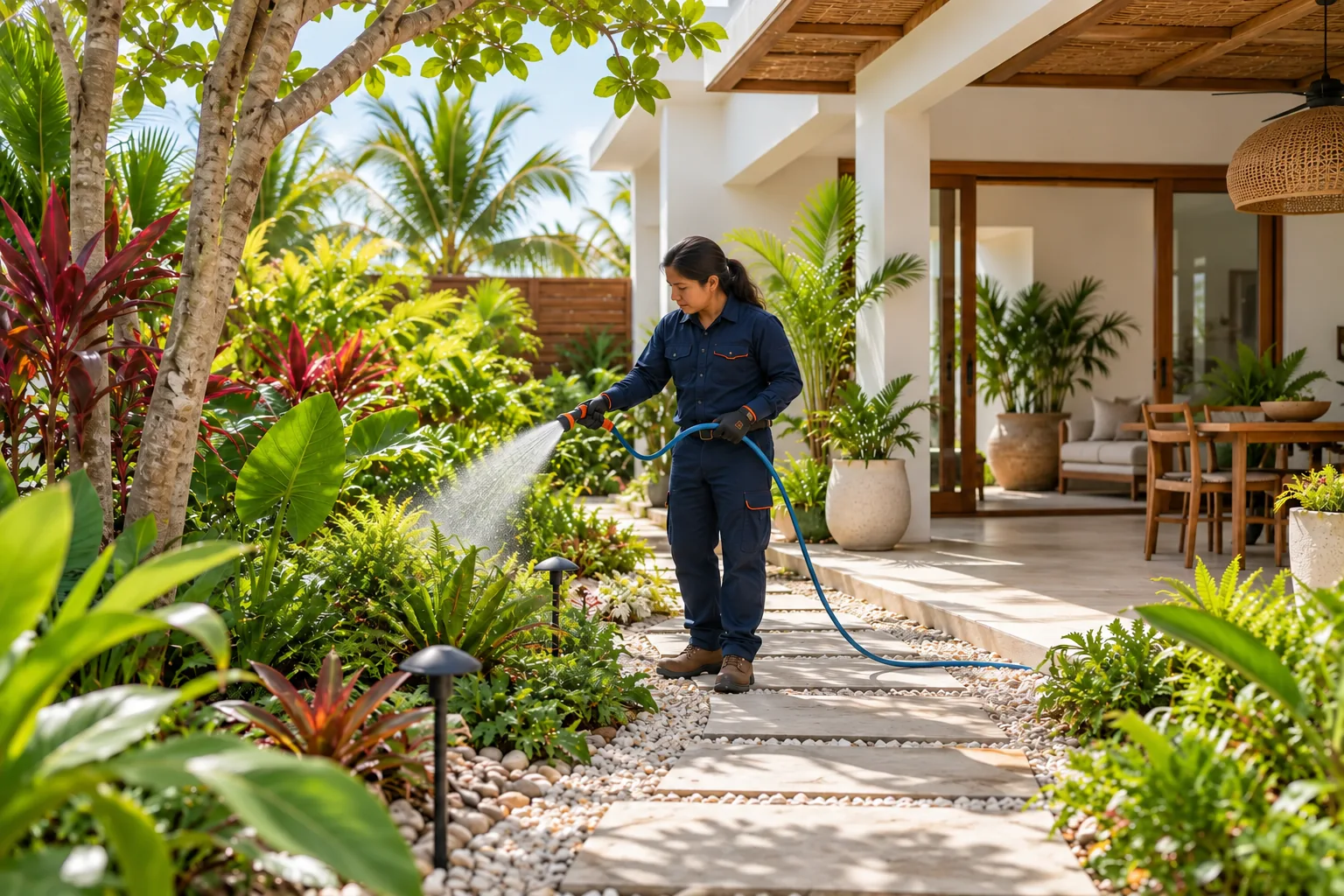 Paisajista regando un jardín tropical terminado