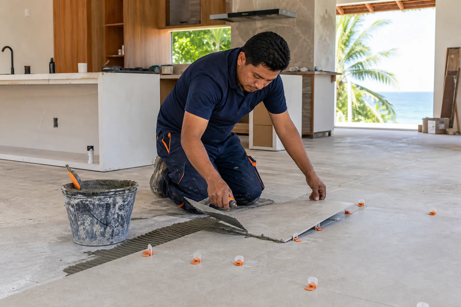 Especialista colocando loseta durante una remodelación