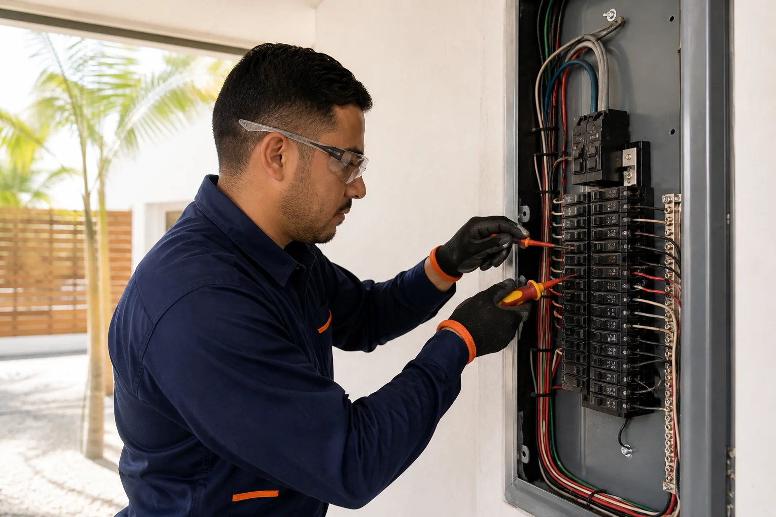 Electricista trabajando de forma segura en un centro de carga