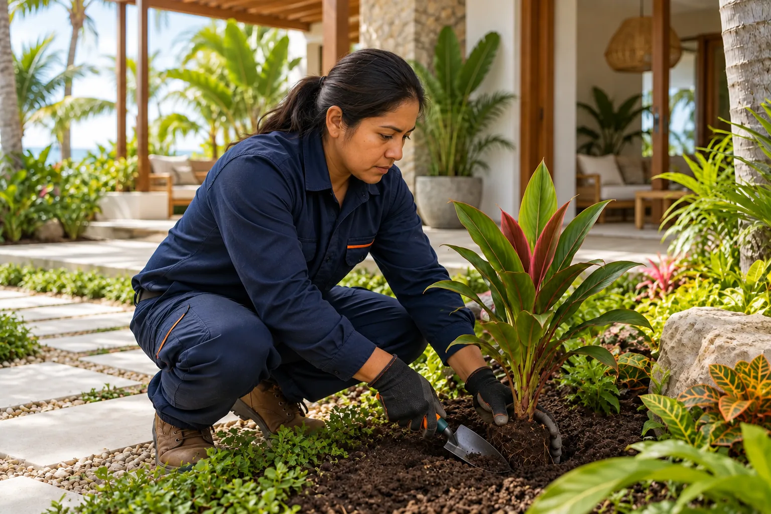 Paisajista con uniforme azul marino plantando vegetación tropical
