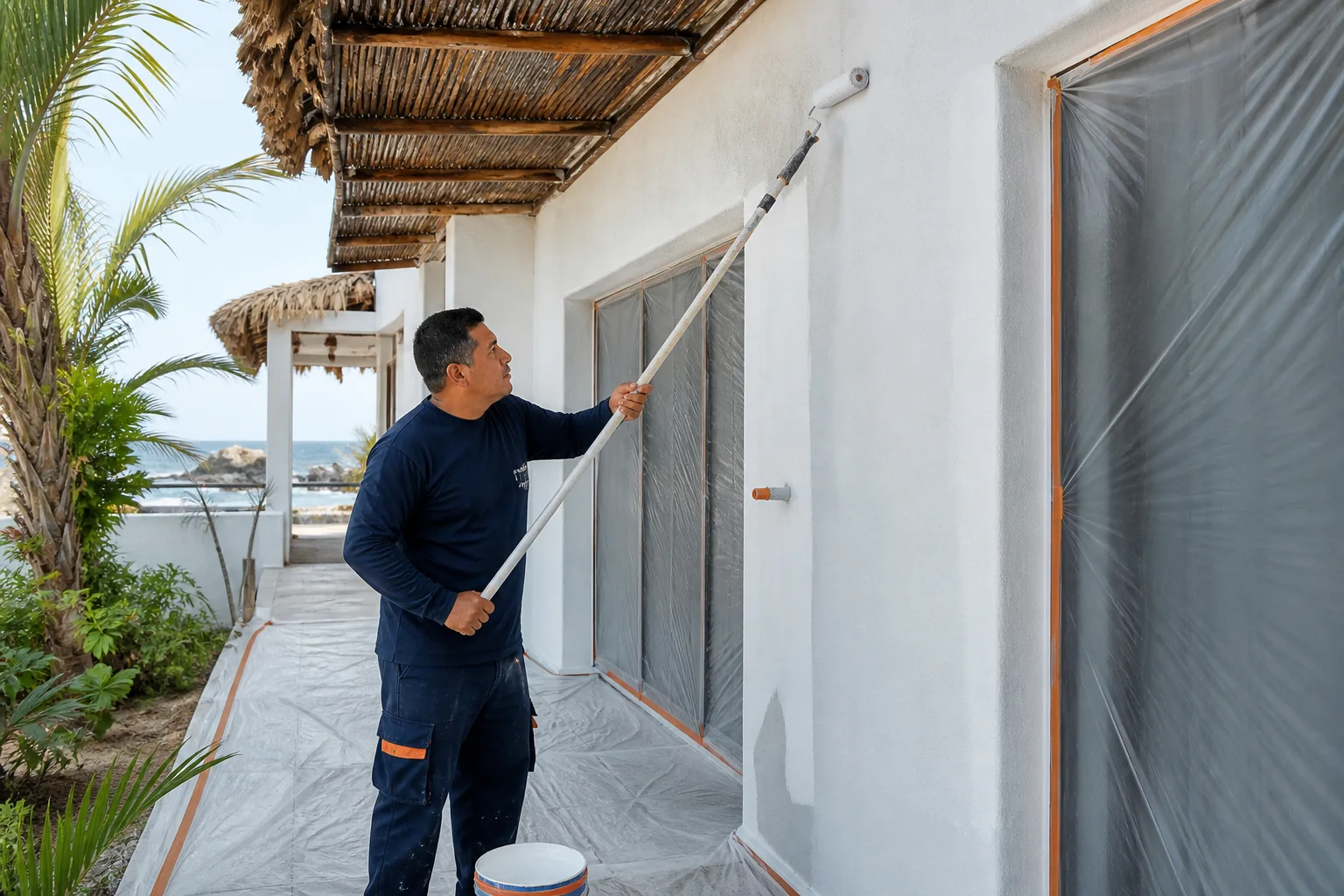 Pintor aplicando recubrimiento exterior en una vivienda de la costa
