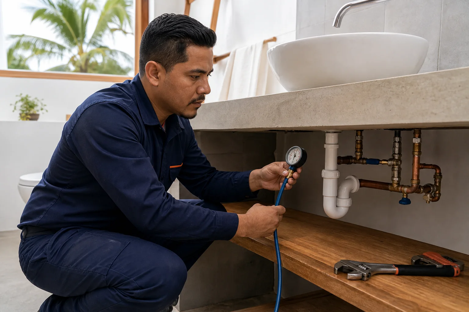 Técnico de plomería revisando una instalación hidráulica