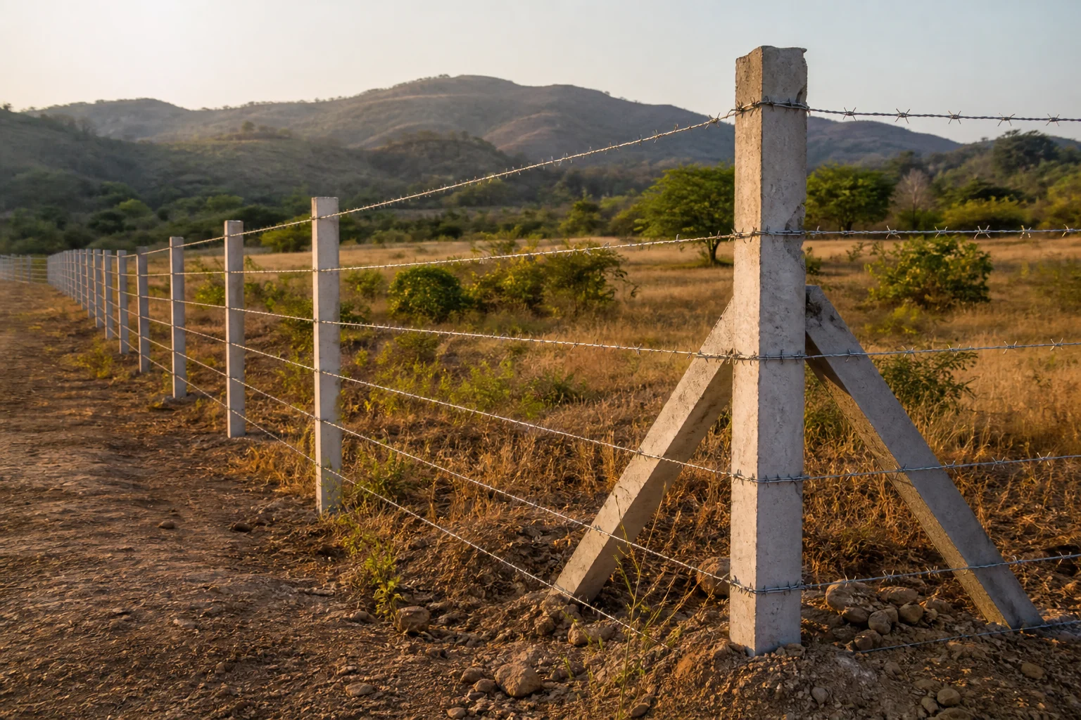 Cerca de alambre de púas de cinco hilos tensada sobre postes de concreto