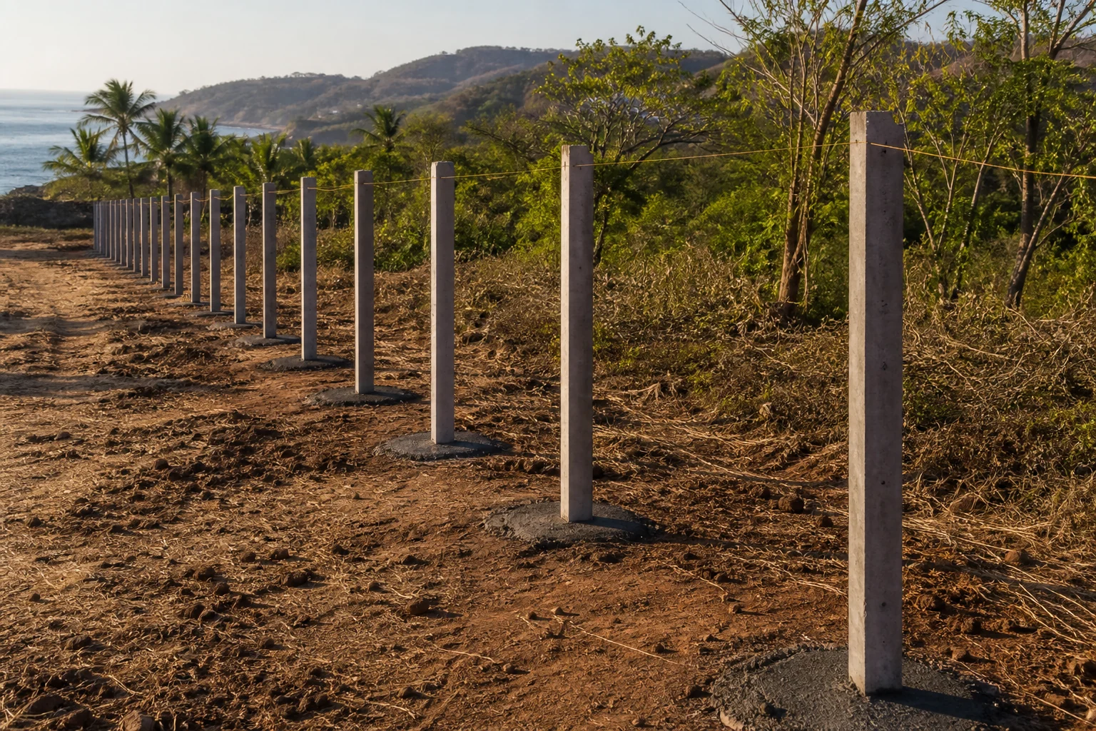 Línea de postes de concreto colocados y alineados a hilo en un predio